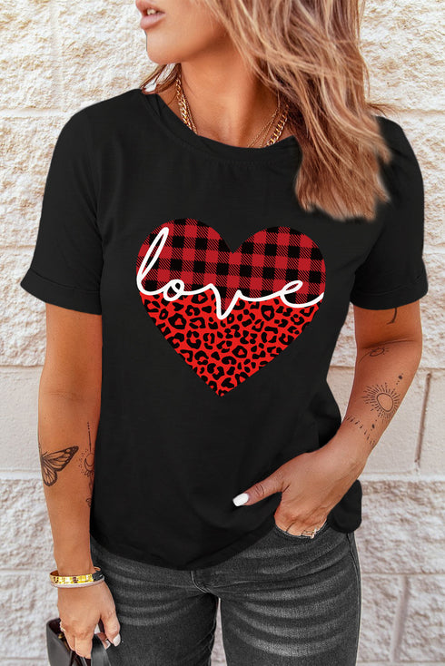 Black Love Leopard Plaid Heart Shaped Crewneck T Shirt